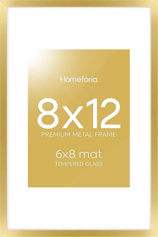 Homeforia 8x12 Picture Frame Gold, High End Metal 8 x 12 Poster Frames with Mat 6 by 8 for Photo, 12x8 Frame Matted to 6x8 inch Print, 8by12 Wall or Tabletop Frames, Tempered Glass, Wall Kit, Set of 1