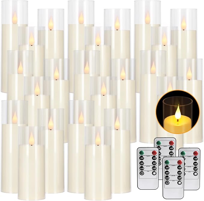 24-Pack Acrylic LED Flameless Pillar Candles with Remote & Timer, Battery Powered - Perfect for Indoor/Outdoor Decor,Wedding,BBQ and Gift - Easily Create a Magical Atmosphere.