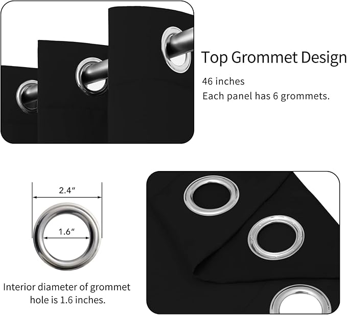 Easy-Going Blackout Curtains for Bedroom, Solid Thermal Insulated Grommet and Noise Reduction Window Drapes, Room Darkening Curtains for Living Room, 2 Panels(46x84 in, Black)