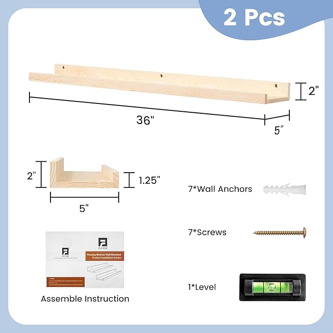 Picture Ledge Shelf for Wall, 36 inch Solid Pine Wood Nursery Book Shelves 2 Packs, Floating Ledge Shelves for Kids' Room Bedroom Bathroom Living Room Photo Frames Office Nursey Wall Decor, Natural