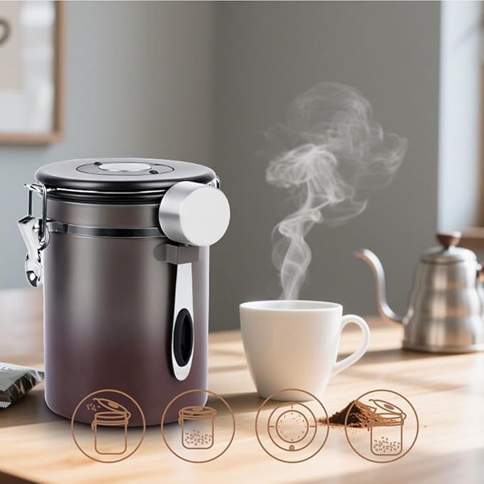 Coffee Canister Airtight Storage Container Stainless Steel Coffee Jar with Scoop,Date Tracker CO2 Release Valve for Dry Food Beans Ground Tea Flour Cereal and Sugar (1.8L Grey-Brown With Spoon(2pcs))