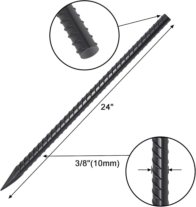 VVOKGO Rebar Stakes 24 Inch Ground Straight Concrete Form Stakes Heavy Duty (8pcs), 3/8" Diameter Metal Steel Spikes Anchors with Chisel Point End for Plant Support, Garden Border,Landscape Edging