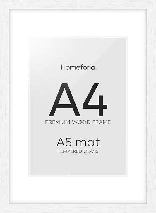 Homeforia A4 Picture Frame White Wood, High-End Oak 8.3 x 11.7 White Poster Frames Matted to 5.8 by 8.3 Photo, 8.3x11.7 Size Wooden Frame with Mat for 5.8x8.3 Print, Tempered Glass, Wall Kit, Set of 1