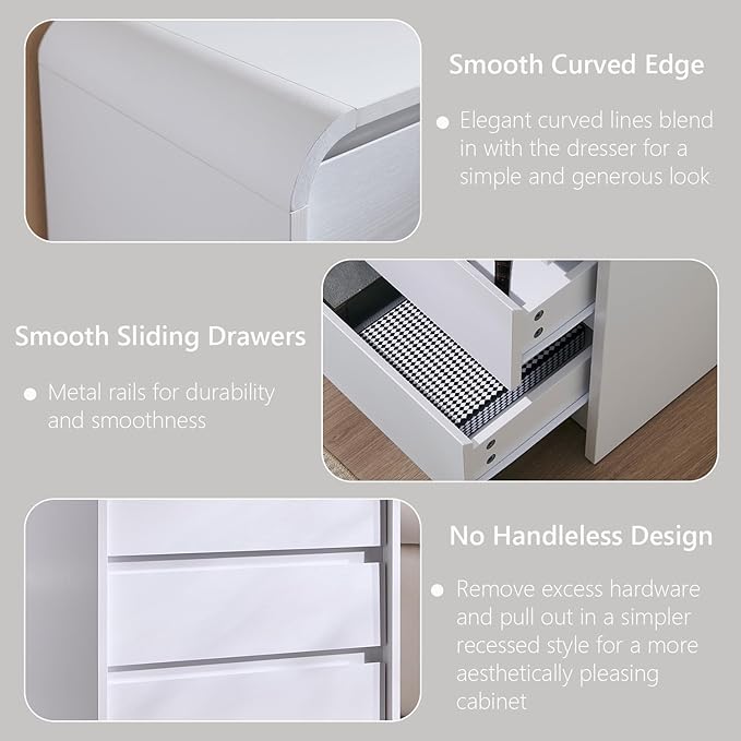 25" Tall Modern Nightstand Set of 2, 23.6" Wide Wood Bedside Table with Charging Station, 3 Storage Drawers Side Table w/Curved Profile Design, End Table for Bedroom, White