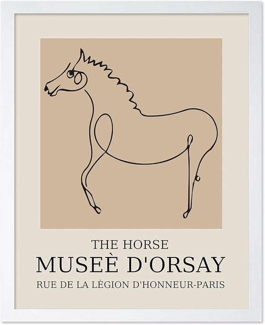 Poster Master Vintage Poster - Retro Minimalist Print - Gift for Artist, Friend - Horse, Line Drawing, Sketch, Abstract - Wall Decor for Living Room, Bedroom, 8x10 White Framed