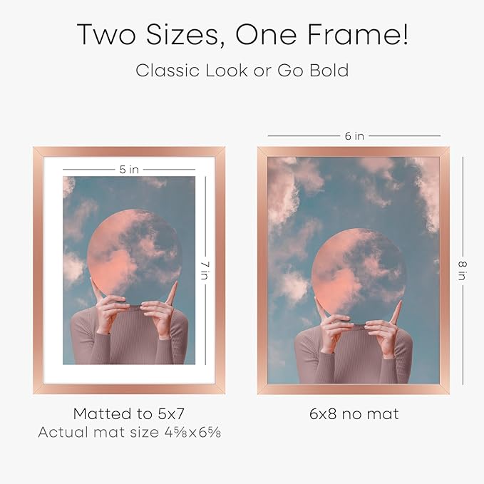 Homeforia Rose Gold 6x8 Picture Frame, High End Metal 6 x 8 Frames with Mat 5 x 7 for Print, 6by8 Desk Frame Matted to 5x7 inch Photo, 6 by 8 Wall or Tabletop Frame, Tempered Glass, Wall Kit, Set of 1