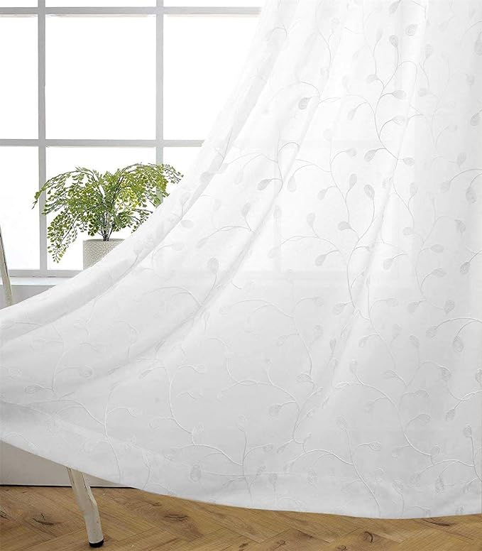 MIUCO Floral Embroidery Semi Sheer Curtains Faux Linen Grommet Window Curtains for Bedroom Living Room 63 Inch Length 2 Panels, Pure White