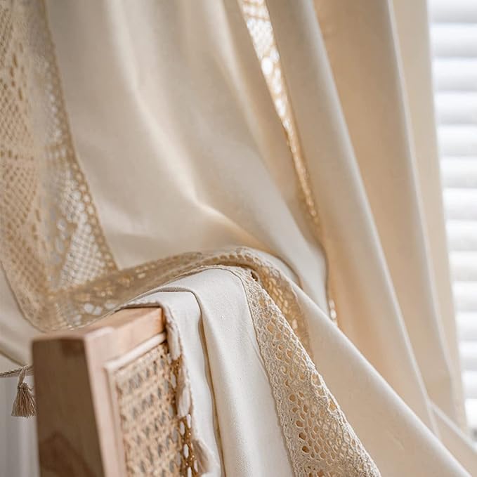 Sutuo Home Boho Curtain Crochet Lace Patchwork Semi-Blackout Bohemian Handmade Tassels, Rod Pocket Window Treatment Vintage Rustic Farmhouse Drapes for Bedroom, 1 Panel 59" W x 108" L, Beige