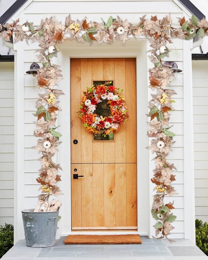 DearHouse 2 Pack Fall Maple Leaf Hanging Vine Garland Artificial Autumn Foliage Thanksgiving Decor for Home Wedding Fireplace Party Christmas (White&Green)