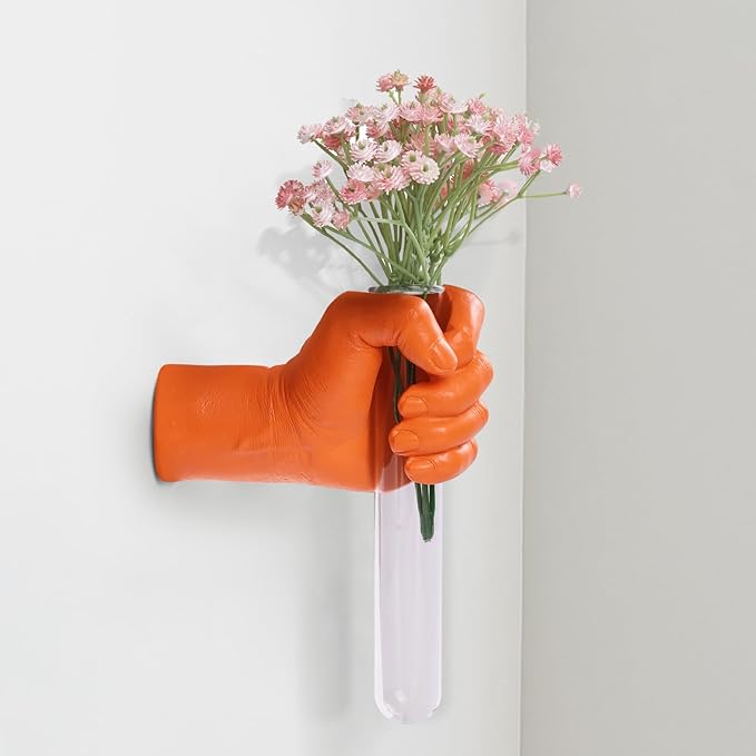 Orange Wall Sculptures, Hand Vases Home Decor, Wall Mount Art Sculpture, Unique Wall Art Statue, Funky Flower Vase Decorations, Modern Eclectic Hanging Decor,Glass Test Tube Vase (Orange)
