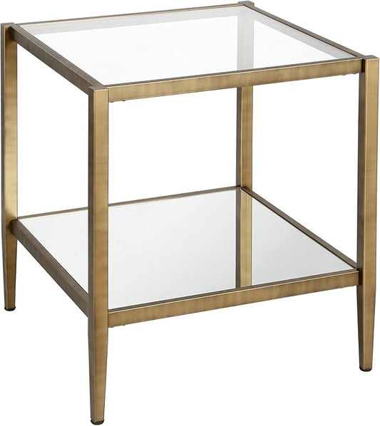Henn&Hart 20" Wide Square Side Table with Mirror Shelf in Brass, Table for Living Room, Bedroom