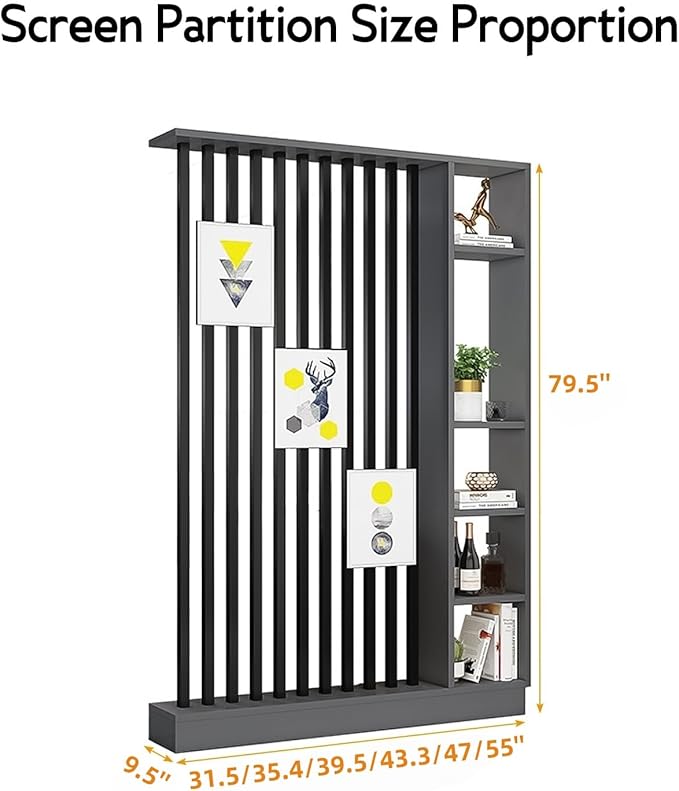 Wall Room Divider, Storage Cabinet Storage Display with Shelves, Modern Freestanding Wood Room Divider Screen, Wall Privacy Screens for Home Decorative (Grey+Black,55" L x 9.5" W x 79.5" H)