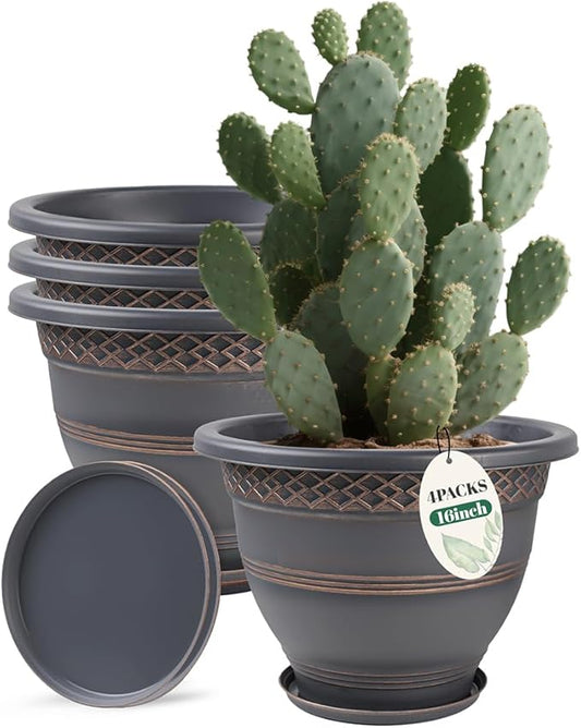 4 Pack 16 Inch Large Plant Pots, Plastic Flower Pot for Indoor & Outdoor with Drainage Holes & Saucer, Plaid Pattern Planters Garden Pots for Herbs