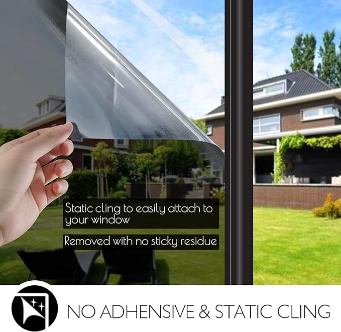 HIDBEA One Way Privacy Window Film, Daytime Mirror Reflective Heat Control UV Sun Blocking Non-Adhesive Static Cling Window Tint for Home and Office(Black-Silver, 17.5 Inch x 6.5 Feet)