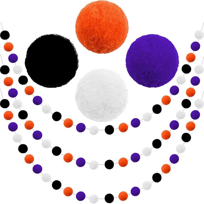 Jishi Fall Event Garlands, 3pk Orange Black White Felt Pom Pom Garland, 6.6ft Long, 25mm 24 Balls, Halloween Thanksgiving Party Decor