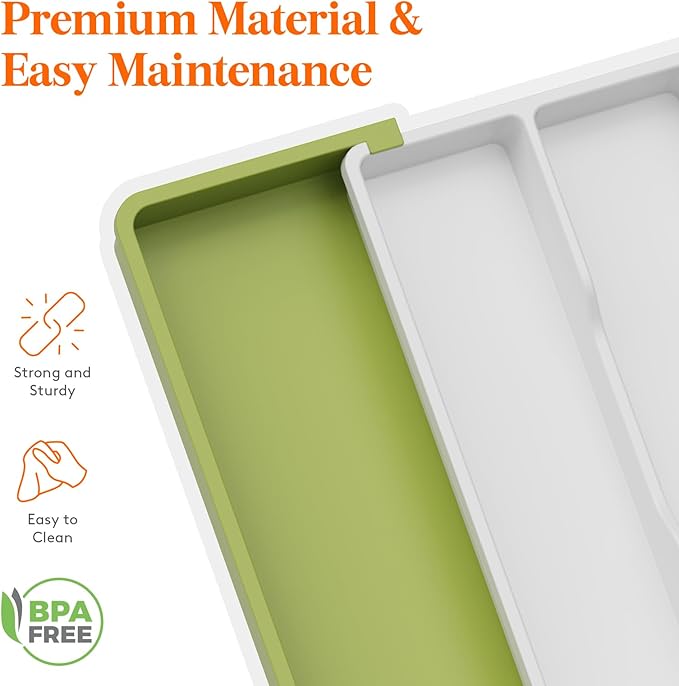 Lifewit Utensil Organizer for Kitchen Drawers, Expandable Cooking Utensil Tray, Adjustable Cutlery Silverware Flatware Holder, Plastic Spatula Tools and Gadgets Storage Divider, Large, Green&White