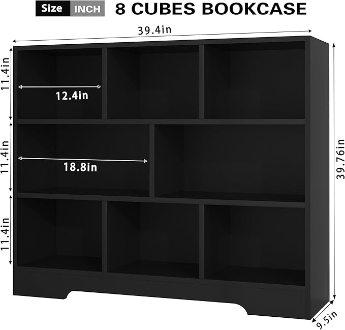 Book Shelf Set of 2, 8 Cubes Storage Organizer, Freestanding Balck Bookshelf Cube Shelf for Bedroom, Living Room, Home Office, 3-Tier Open Bookshelf Wooden Bookcase