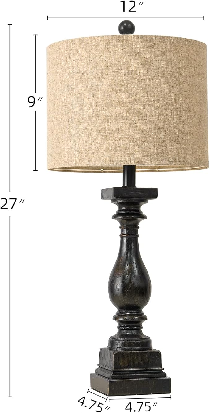 BOBOMOMO 27" Farmhouse Table Lamp Set of 2 with USB A+C for Bedroom Living Room Vintage Rustic Traditional Nightstand Bedside Lamps Retro Side Table Lamps (Black)