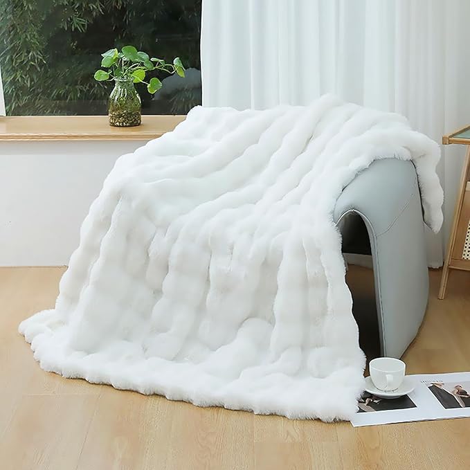 UKELER White Plush Furry Throw Blanket Super Soft Cozy Warm Blanket for Bed, Couch, Sofa, Office, Camping Shaggy Faux Fur Blanket Gift for Women, Men 50''x60''