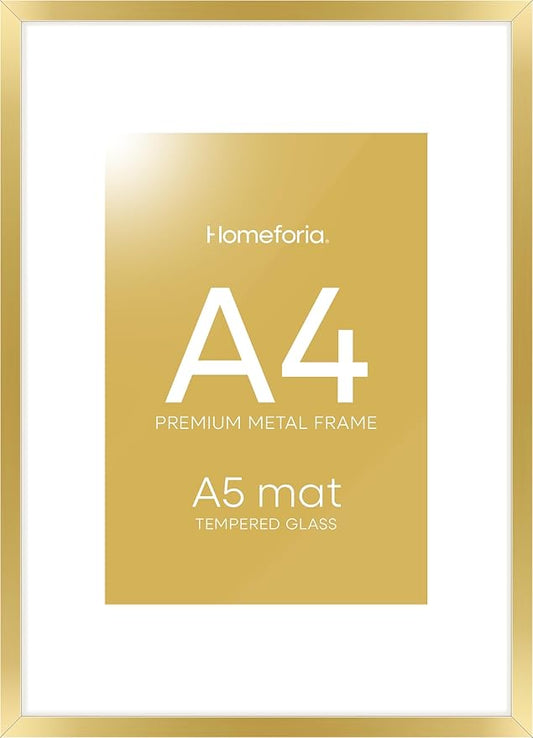 Homeforia A4 Gold Picture Frame, High End Metal 8.3 x 11.7 Frames for Wall or Tabletop, Gold A4 Certificate Frame with Mat A5, 8.3x11.7 Frames Matted to 5.8x8.3 Art, Tempered Glass, Wall Kit, Set of 1