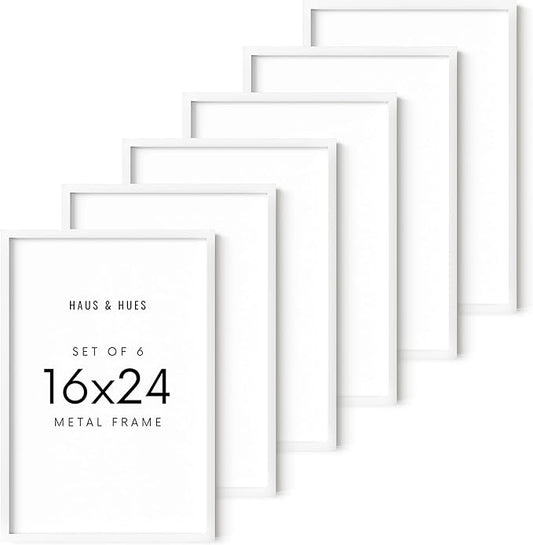 HAUS AND HUES 16x24 White Metal Picture Frames - Features Premium Aluminum, Vertical & Horizontal Hang, Shatterproof Plexiglass - Perfect for Home, Room, Office (16x24 in, White, Set of 6)