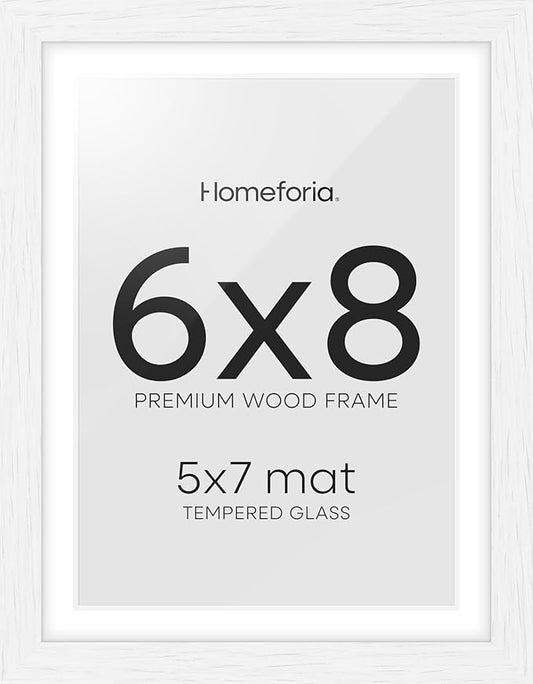 Homeforia 6x8 Picture Frame White, High End Oak 8x6 Wooden Frames with Mat 7x5 Print, 6 x 8 White Wood Frame Matted to 5 x 7 inch Photo, 6by8 Wall or Tabletop Frame, Tempered Glass, Wall Kit, Set of 1