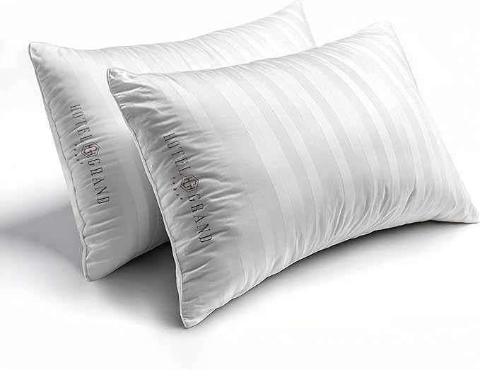 Hotel Grand Softy-Around Feather Down Pillows Standard Size Set of 2 Packs White Strip 100% Cotton Fabric Bed Pillows for All Position Sleepers,26"x20"/2 Packs