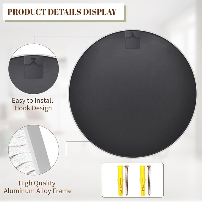 BEAUTYPEAK 20 Inch Round Mirror, Metal Frame Circle Mirror, Wall Mounted for Entryway, Bathroom, Vanity, Living Room, White
