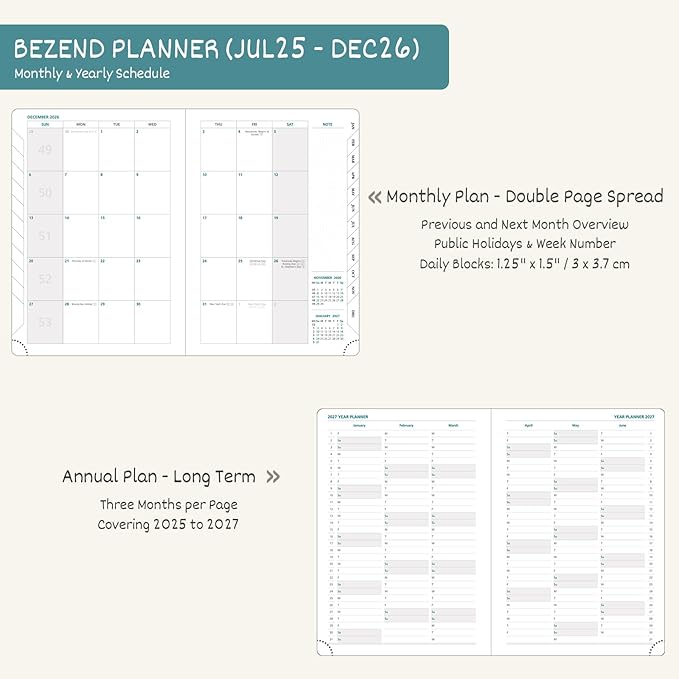 BEZEND Planner 2025-2026 Weekly and Monthly, 5.8" x 8.5" Academic Calendar (Jul 25-Dec 26) Vertical Daily Appointment with Hourly Timeslot & Monthly Tab, PU Leather Hardcover - Orange