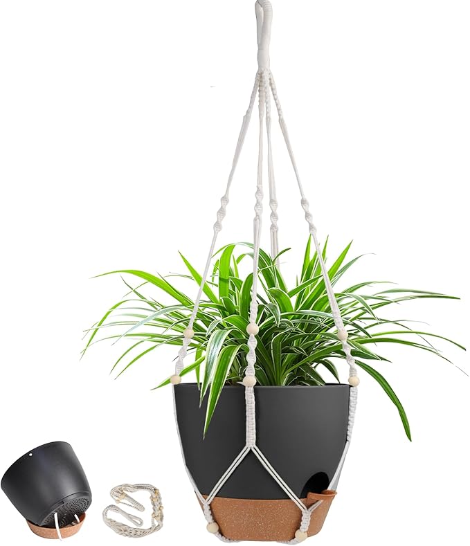 41.5 Inch Macrame Plant Hanger Indoor Outdoor with 12 Inch Flower Pot, Hanging Planter for Plants Holder with Wood Beads for Boho Home Decor (Ivory+Black)
