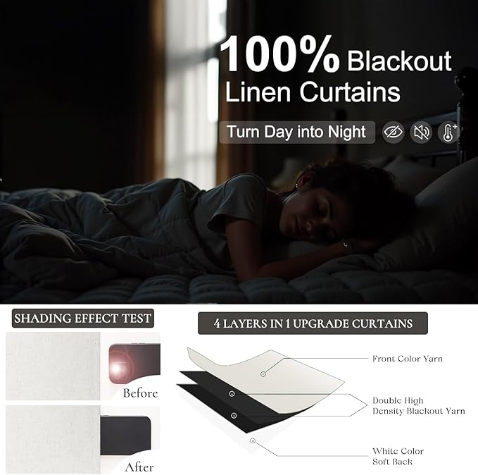 Total Blackout Linen Curtains 108 Inch Length 2 Panels Set for Bedroom Heat Cold Light Blocking Noise Reduction Cotton Linen Drape 9ft Long Floor to Ceiling Patio Sliding Door Curtain Cream White Back