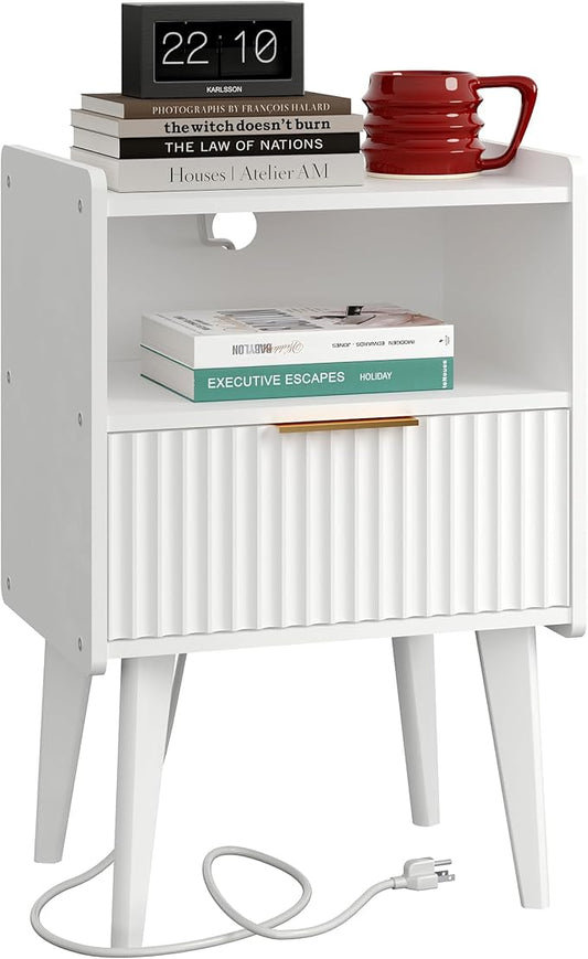 Fluted Nightstand with Charging Station, Modern Bedside Table with Drawer,White Nightstand with Solid Wood Legs, End Table,Side Table for Living Room,Bedroom White CTG57WE