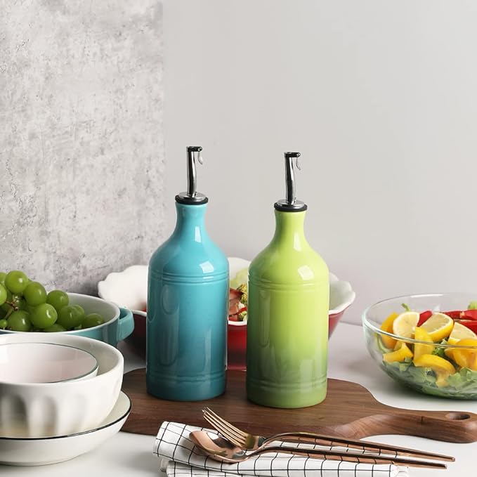 Sweejar Ceramic Olive Oil Dispenser Bottle, Opaque Oil Cruet Protects Oil to Reduce Oxidation, Suitable for Oil, Vinegar, Coffee Syrups & Other Liquids, Pack of 1, 15.5 Fl Oz (Gradient Green)