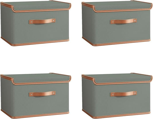 Tuza 4 Pack Storage Bins with Lids, Collapsible Closet Organizer Container, Fabric Organizer Box with Handles, Decorative Storage Boxes with Lids for Organizing Clothes, Blanket, Grey, Medium