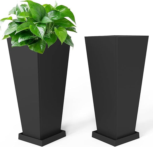 Tall Metal Planter 26" H - 2 Pack, Tall Planters with Removable Insert Shelve & Saucer Trays, Metal Outdoor Planters for Porch, Garden, Patio, Yard(Black)