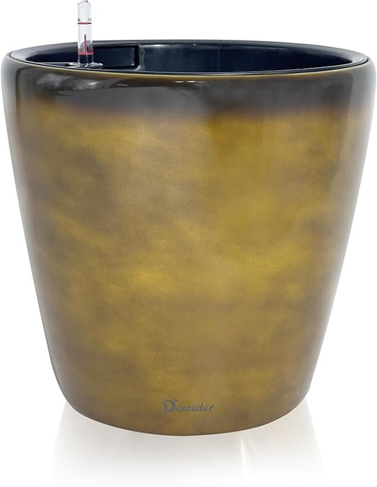 Dexceder 15x14 Self Watering Planter with Wheels Indoor Outdoor, Inner Pot Design, Thickened Large Floor Standing Flower Plant Pot with Water Level Indicator (Yellow Brown Gradient)
