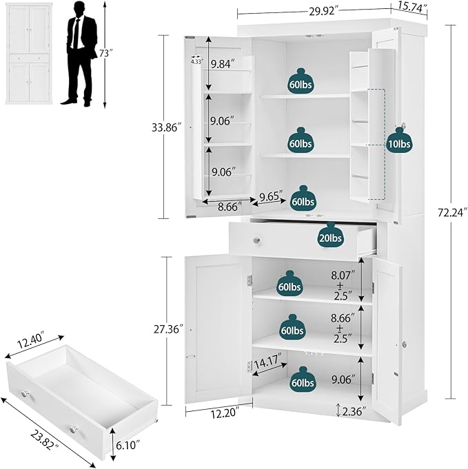 usikey 72” Pantry Cabinet, Tall Kitchen Storage Cabinet with 4 Doors and 1 Drawer, Cupboard with 6 Hanging Shelves and Adjustable Shelves for Kitchen, Dining Room, Living Room, White