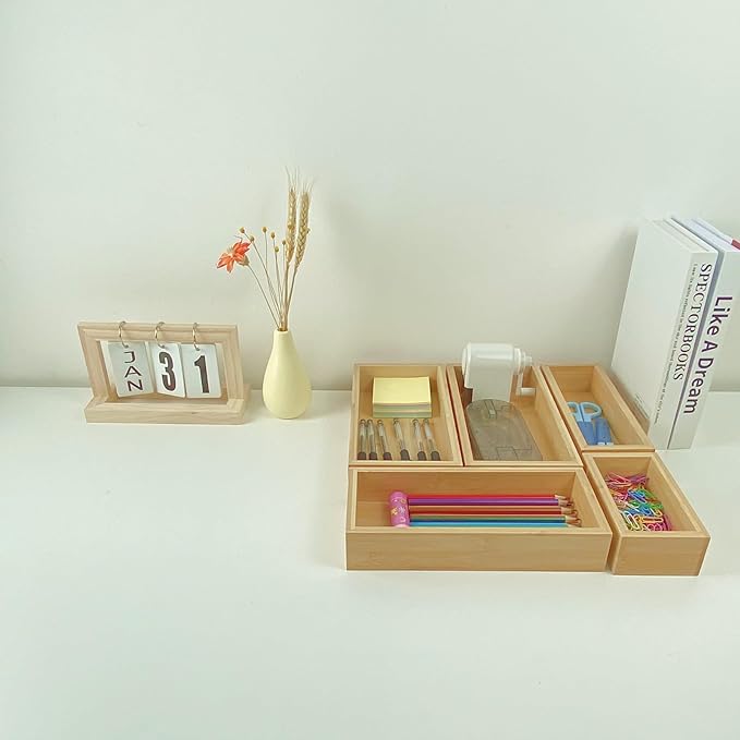 bamboo drawer organizer Set，expandable drawer dividers,wooden storage organizers,large trays for kitchen, bathroom,flatware,Tea Bag Organizer (2 X 5PCS Natural)