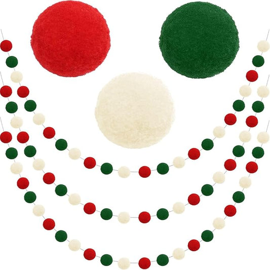 Jishi Christmas Pom Pom Garland Christmas Decorations for Tree Indoor Home Room Decor 3pk Cute Hanging Felt Ball Red White Green Pompom Bead Ornament String Banner Garland Xmas Birthday Party Supplies