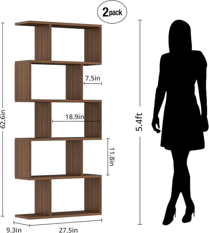 Brown 5-Tier Geometric Bookcase, S-Shaped Modern Bookshelf Set of 2, 62.6" Tall Room Divider Book Shelf, Decorative Display Shelf
