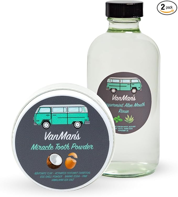 Vanman's - Oral Mouth Care Kit with Powder Toothpaste (2.5 Ounce) and Oral Rinse Mouthwash (8 Ounce) - Aloe, Mint Remineralizing Mouthwash and Tooth Powder with Coconut Charcoal, Egg Shell