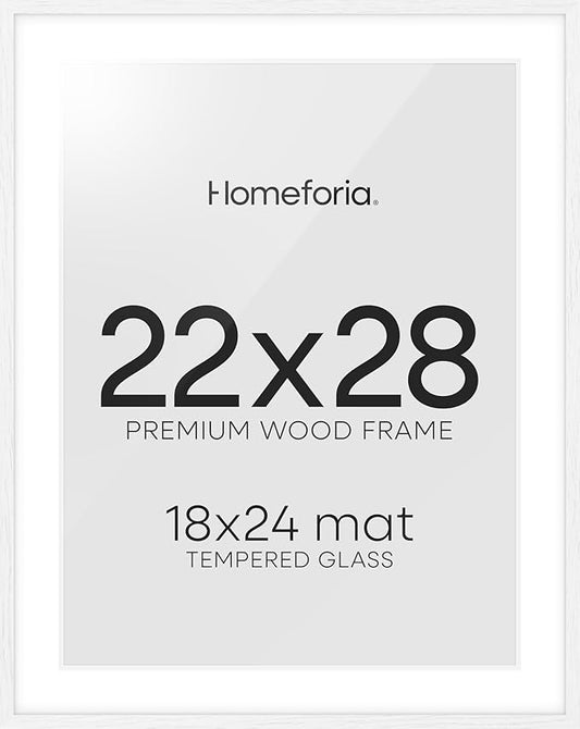Homeforia 22x28 Poster Frame White, High End Oak 22 x 28 Wood Picture Frame with Mat 18 by 24 for Photo, 22x28 Large Wooden Frame Matted to 18x24, 28x22 Thin Frames, Tempered Glass, Wall Kit, Set of 1