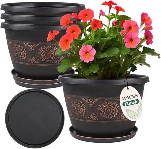 4 Pack 12 inch Plant Pots, Retro Pattern Planters with Drainage Holes and Saucer, Sturdy Plastic Garden Flower Pots for Indoor & Outdoor Plants