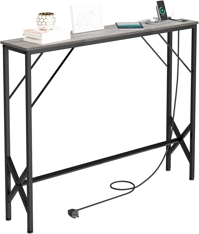 Console Table, Skinny Entryway Table with Fast-Charging Station, Narrow Long Sofa Table, Behind Slim Couch Table for Entrance, Hallway, Living Room Decor ST-GY100-1