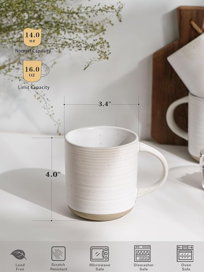 Kanwone Coffee Mugs 16oz, Stoneware Mugs Set, Ceramic Coffee Cups with Handle for Latte, Hot Tea, Cappuccino, Cocoa, Housewarming Wedding Gift, Microwave and Dishwasher Safe, Set of 6, Neutral White