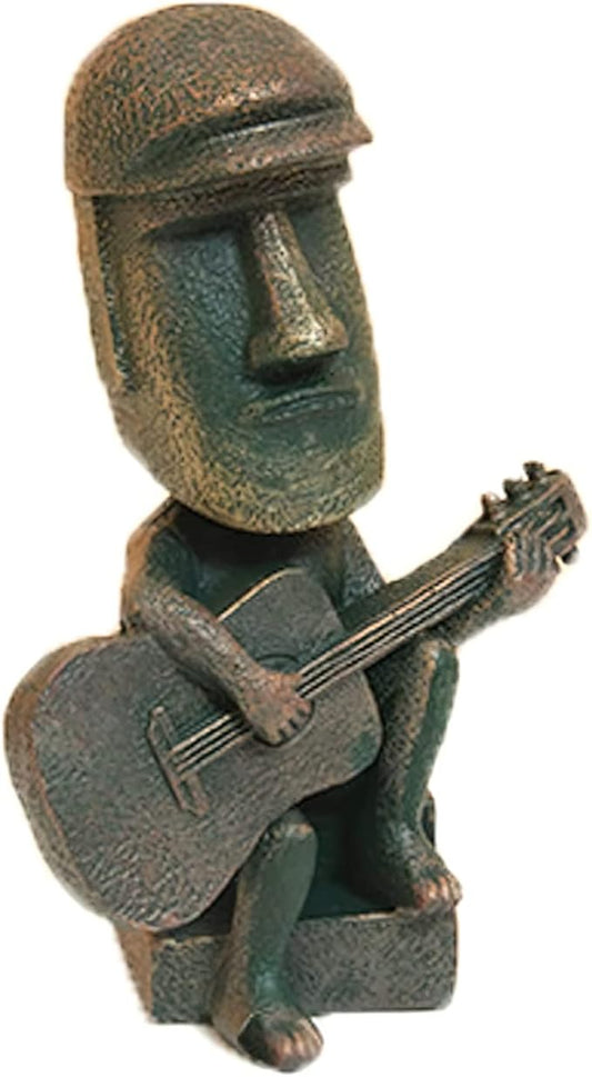Moai Statue Decor - 6 Inch Easter Island Oranment Resin Stone Decoration for Room Accessories Antique Sculpture for Office Desktop (Play The Guitar)