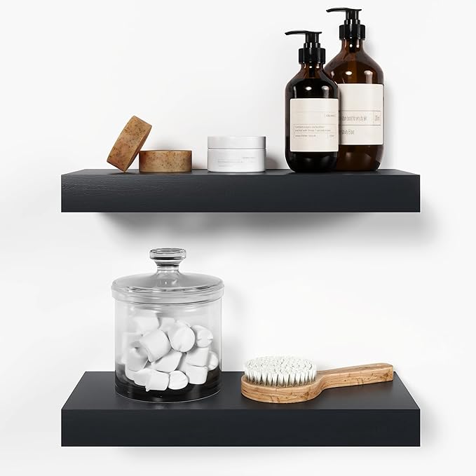 Homeforia 16 inch Black Floating Shelves, High End Solid Real Wood 16inch Bathroom Floating Shelves for Wall Mounted, 16in Wooden Small Floating Shelf, Heavy Duty Bracket, 16 X 6.5 X 1.75 in, Set of 4