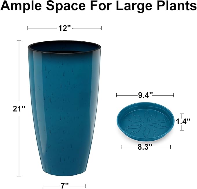 Tall Flower Pot Indoor - Outdoor Plant Pot - Turquoise Glossy Planter - Elegant Stone Imitation - 12" Diameter 21" Tall with Drainage Holes and Saucer
