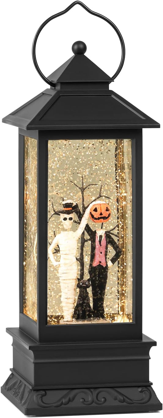 Halloween Snow Globes, Skull and Black Cat Scene Snow Globes, Glittering Lantern with Timer, Snow Globe Lantern USB or Battery Powered for Halloween Decor