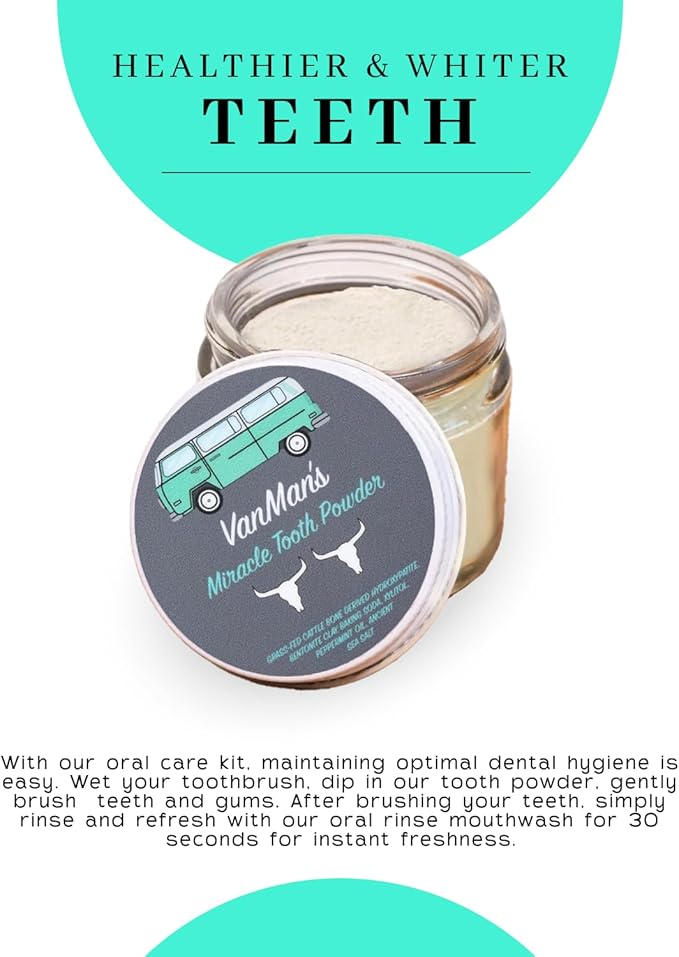 Vanman’s - Mint and Bone Tooth Powder Toothpaste (2 Pack) - Remineralizing Tooth Powder with Cattle Bone Derived Hydroxyapatite, Bentonite Clay, Peppermint Oil and Baking Soda - 2.2 oz